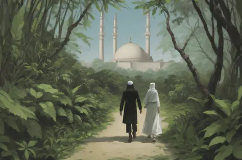 a man and his wife with moslem fashion walking in the jungle, from behind, a mosque from afar