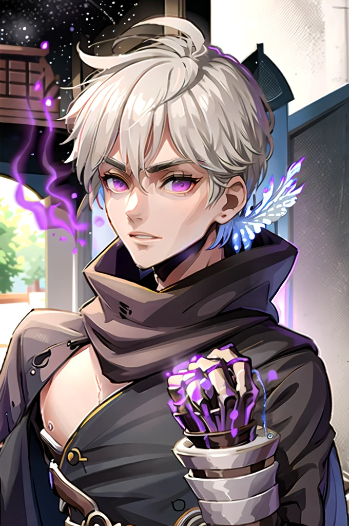 1 person, white hair, handsome, purple eyes, Hand holding a scientific flask, Moderate breath , Black robe, The spinning knife flies around., scarf, science laboratory background, medicine stall, Trial bottle, Trial bottleรูปกระโหลกคริสตัลสีแดง, light particles, Magical light, daytime