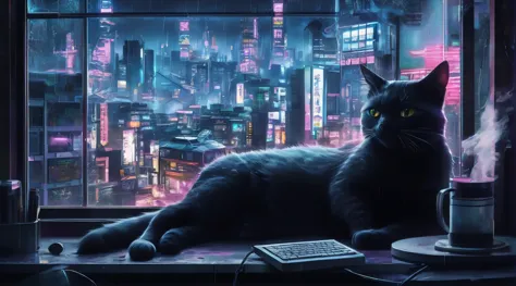There's a cat that's sitting on a windowsill, cyber punk cat, cyber punk art style, in cyber punk aesthetic, cat attacking tokyo...