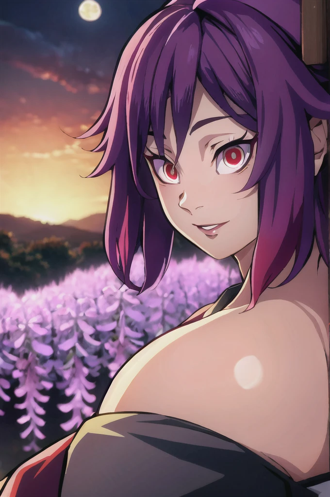 Shizuko Hanako,purple hair with wisteria decoration with a moon red eyes haori purple with red demon slayer