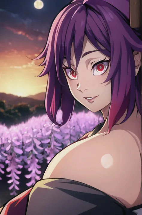 shizuko hanako,purple hair with wisteria decoration with a moon red eyes haori purple with red demon slayer