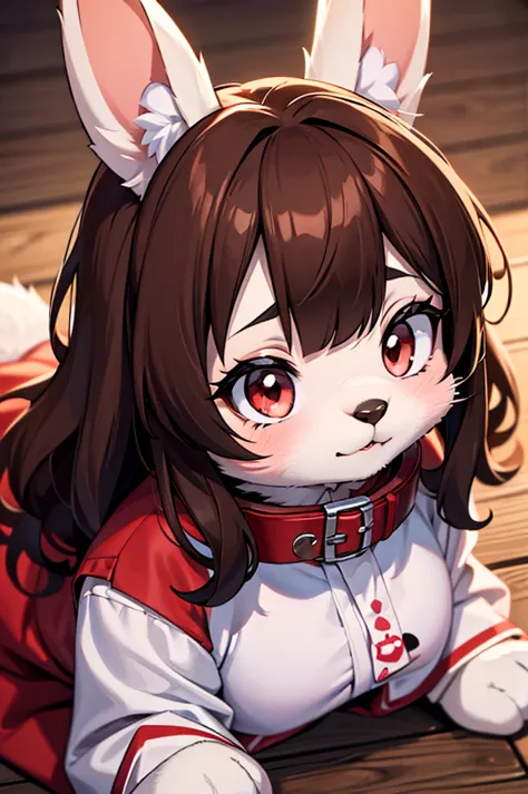 young furry cute little bunny girl with long messy brown hair, RED eyes, wearing a black and red Japanese , wearing a pink pet c...