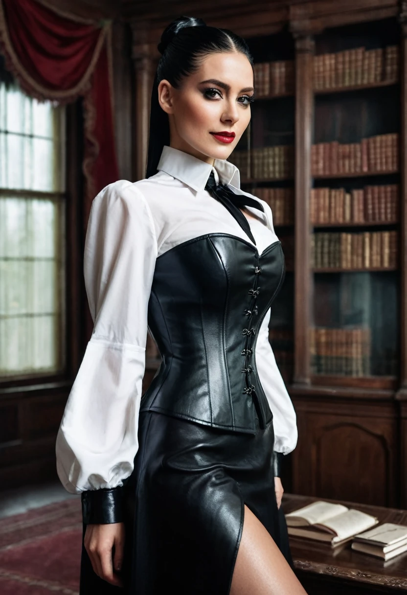 A cinematic image, a stunning seductress model, a haughty evil smile from above, a black straight hairstyle with a high ponytail, a black leather corset, a long formal shirt dress in the style of a Victorian governess, a black long leather shirt dress with long puffy sleeves and large buttons, a room in a mansion flooded with sunlight, a white collar office shirts, leather gloves, eyeliner, black leather shoes, a human skull in one hand.