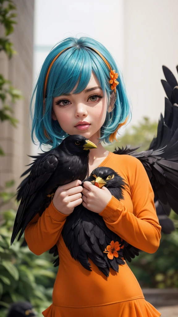 girl, Vibrant Colors, Master Piece, (Best Quality: 1.3), 8k Quality, (absurdres absolutely resolution),texture,(Extremely Detailed Illustration), (Super Fine Illustration), an Extremely Delicate and Beautiful, Ultra High Resolution, Fantasy, (super detailed), official art, production art, HDR, cute face, kawaii, (((1 girl))), (large crow wings on back:1.4), (blow kiss:1.4), light blue hair, long hair, small face, orange eyes, large breasts, hair with orange flower, (orange and black clothes, two tone one piece of frill:1.4), 