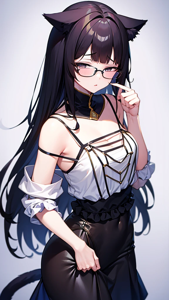 A 20-year-old cat girl with long black hair, gray eyes, cat ears and a cat tail, wears glasses, black long dresses sexy, sleeveless, standing,