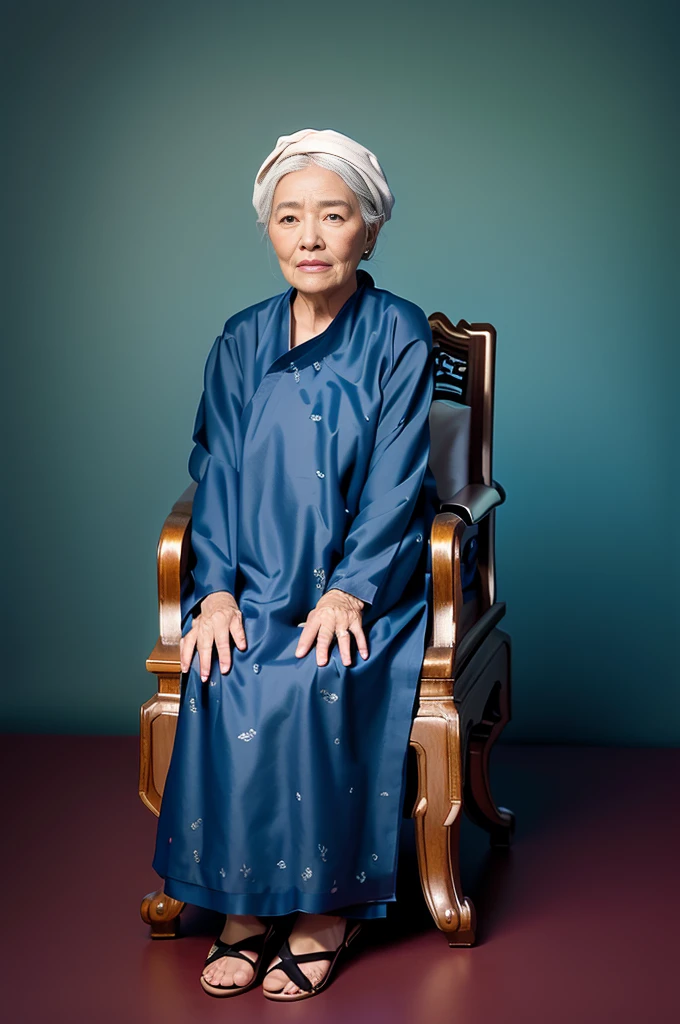 Sehr realistisches Foto, ((Meisterwerk), (beste Qualität), (RAW-Foto), (fotorealistisch:1.4), Das Foto zeigt eine ältere vietnamesische alte Frau, die auf einem Stuhl sitzt. Sie trägt ein dunkles traditionelles langes Kleid und ein Kopftuch. Sie trägt Flip-Flops und ihre Hände ruhen auf ihrem Schoß. Die ältere Frau hat ein freundliches Aussehen, ein schmales Gesicht mit vielen Falten, und weiße Haare. Der Hintergrund des Fotos ist ein Farbverlauf von tiefblau zu hellblau. Der Stuhl, auf dem sie sitzt, hat ein klassisches Design mit komplizierten Mustern) , Foto aufgenommen mit Sony A7IV
