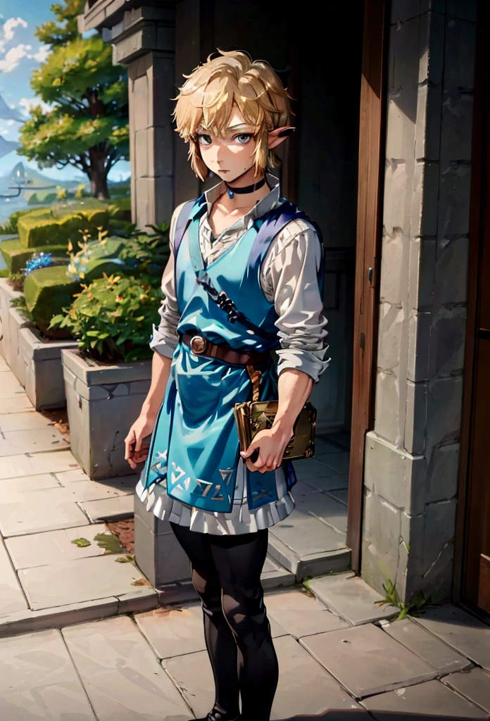 ((work of art)), (best qualityer), (detailded), ((1 boy)), (link to the legend of zelda), gazing at viewer, (lipstick:0.75), Short blonde hair, blue colored eyes, Marin Kitagawa , chemise , overskirt. choker, pantyhose, high-heels,