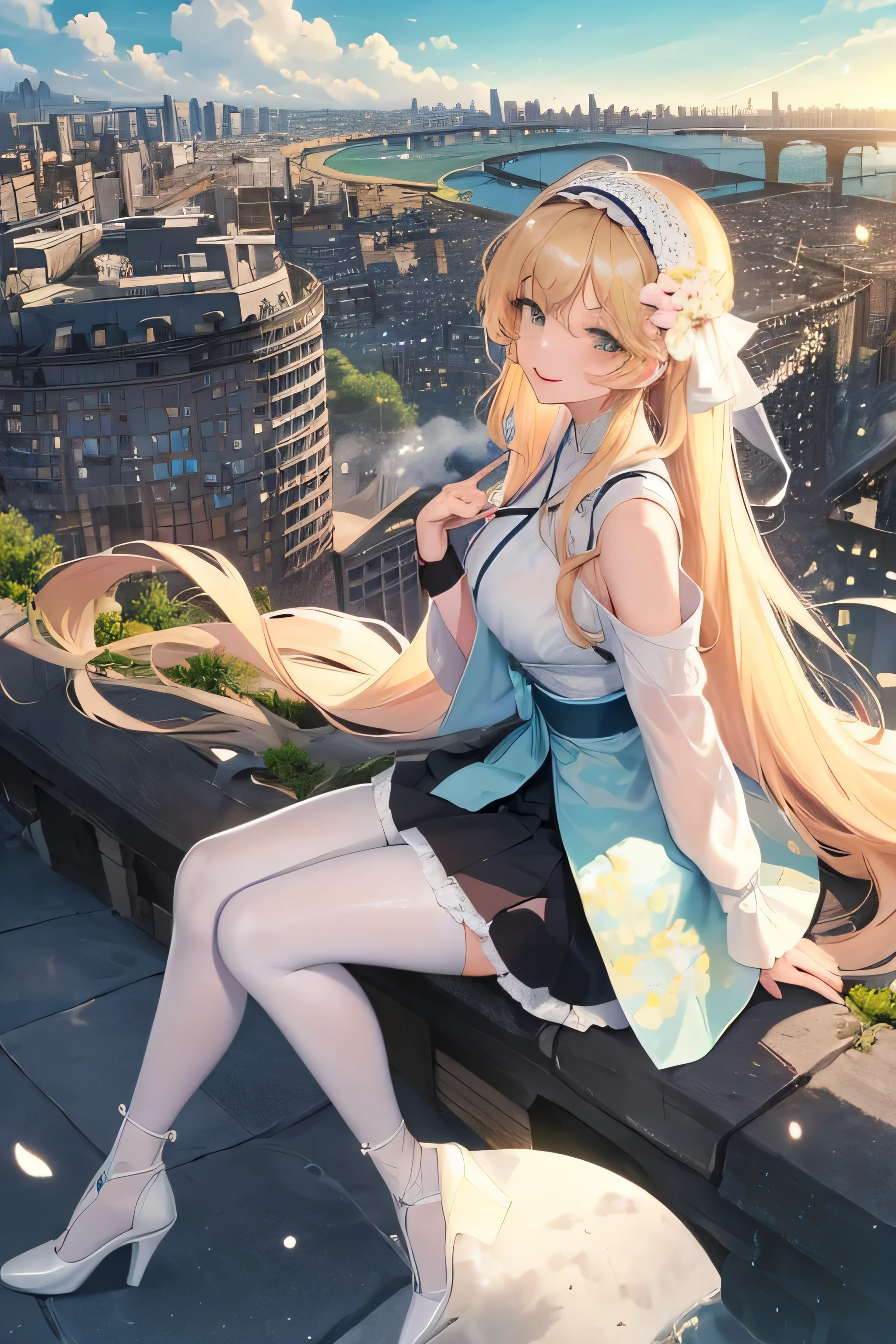 Official Art, masterpiece, Clear focus, (beautiful, Beautiful and cute Korean woman:1.3), (Beautiful and cute Korean:1.3), Korean beauty, Exquisite beautiful hair、Eyes and face, current, Super detailed, beautiful girl, Blue sky, Glowing white particles, (Side Light:1.2), Sunlight, White Cloud, Detailed clouds, Slim, Such a cute big ass, Smile with teeth bared, ((Smile with your eyes, Open your eyes)), landscape, Long straight hair, sexy facial expression, architecture, (city View:1.7), Dynamic Hair, very Long straight hair, Delicate blonde hair, Green Eyes, Pink skirt, Black socks, Pale skin, Hair accessories, epic landscape,，White high heels，Nice ass，beautiful buttocks，There&#39;s nothing under the skirt.，weight loss