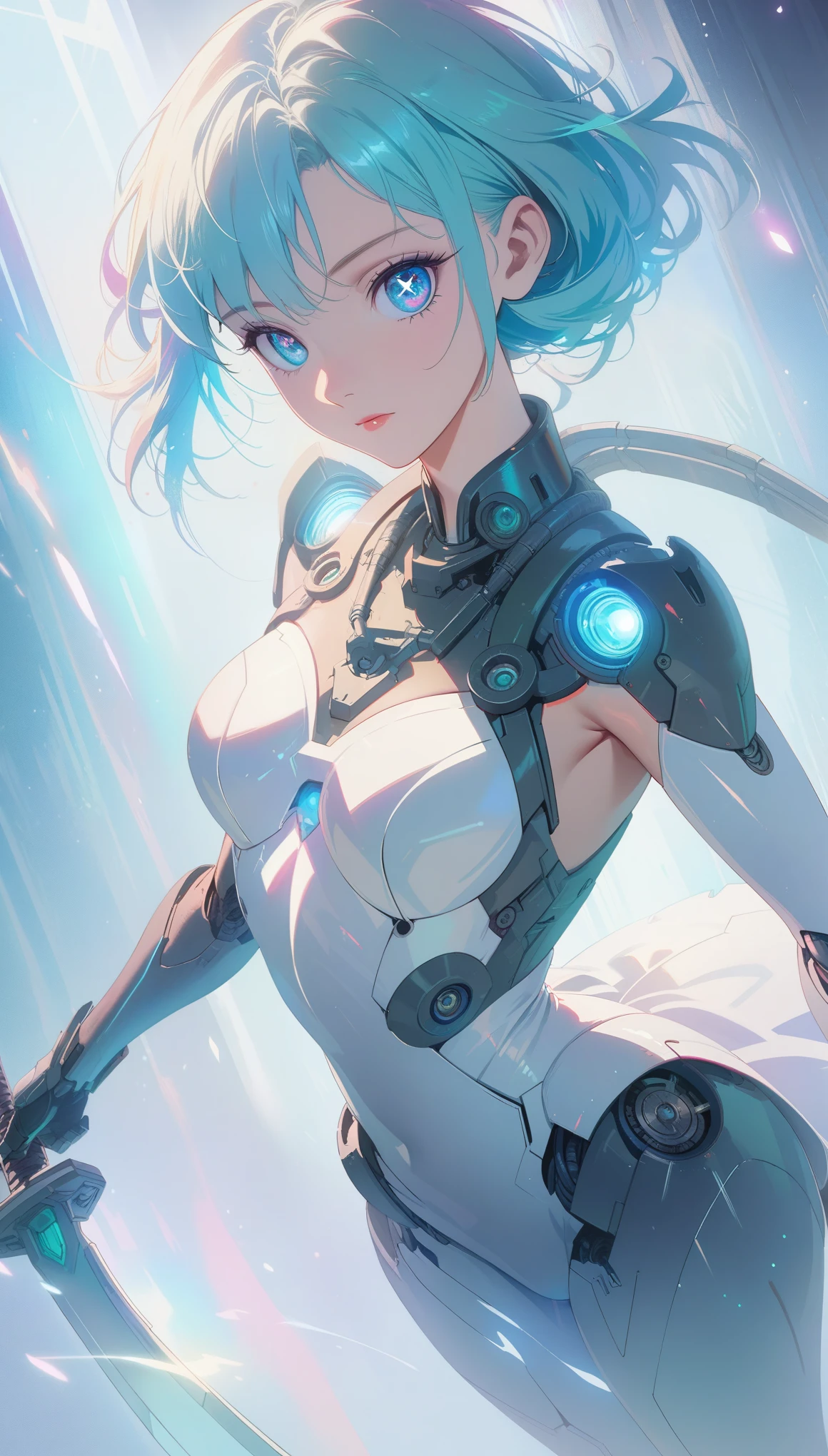 1mechanical girl,(holding sword:1.1),shadows,ultra sharp,metal,(cold colors),rending on cgsociety,facing camera,machanical limbs,mechanical cervial attaching to neck,ghost in the shell,anime art style,
looking_at_viewer,masterpiece,best quality,(ultra realistic details),glass-like sparkling eyes are blurry and dreamy,muscle tone and definition,high contrast eyes,finely detailed features,stunning colors,cinematic lighting effects,super wide Angle,light particles,light particle art,(glowing:1.1),