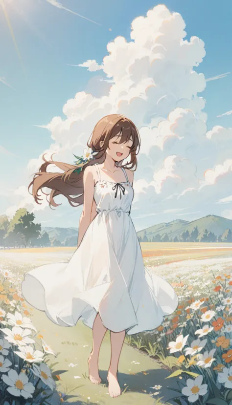 1girl,solo,long hair,smile,open mouth,brown hair,dress,closed eyes,flower,outdoors,sky,barefoot,day,cloud,white dress,arms behin...