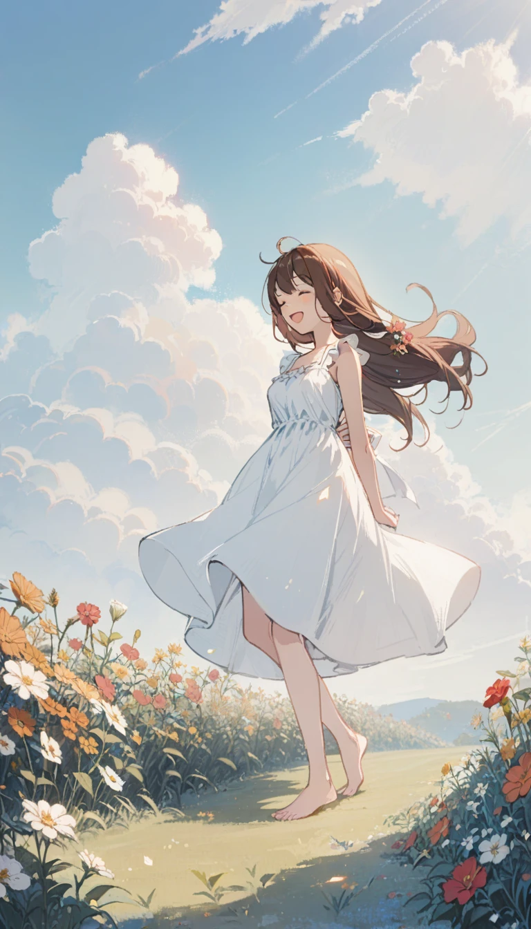 1girl,solo,long hair,smile,open mouth,brown hair,dress,closed eyes,flower,outdoors,sky,barefoot,day,cloud,white dress,arms behind back,sundress,field,