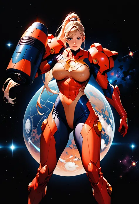 (best quality),female, long hair, ponytail, bangs, power suit,arm cannon,space background,ultra-detailed,sharp focus,aesthetic, ...