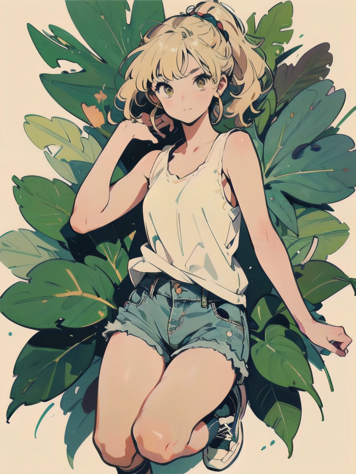 blonde, ponytail, Blunt bangs, Yellow Eyes, Yellow eyelashes, Beautiful Girls in Anime, Clean small surfaces, 1 cute girl, Adult Gal、Highest quality、ウルトラ - High resolution、High resolution、Detailed CG、8k unit wallpaper、25 talents、beautifullyて美しい目, (((Simple white tank top、Denim shorts、loose socks、Tech Sneakers))))、 ((Japanese light novel covers)), A girl jumps out of a botanical world, Ultra-detailed botanical references, Maximalist Botany, beautifully、Aesthetically beautiful illustration masterpiece, Topaz AI Post Editing, Blue birds and blue butterflies flying, Background is white, william morrisのパターン, Image of Mucha,