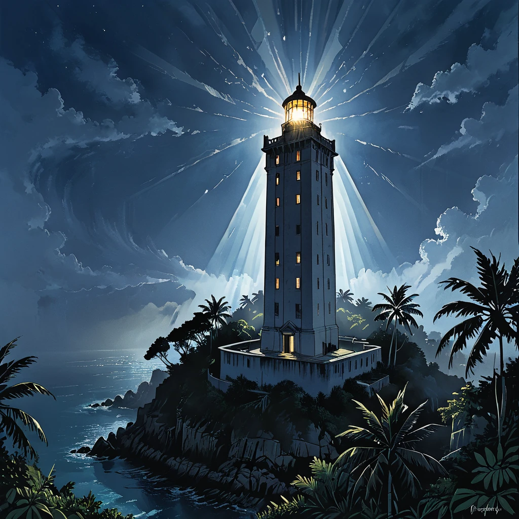 
(outside of a skyscraper),light beams should be clearly visible, highlighting the dusty air, night, dark, 
the light is only from a skyscraper, tropical, top view, palm,
skyscraper, fog, tropical island, ((illuminated window with bright light streaming out)), casting rays that penetrate the darkness, graphic style of novel comics,  2d, 8k, hyperrealism, masterpiece, high resolution, best quality, ultra-detailed, super realistic, Hyperrealistic art, high-quality, ultra high res, highest detailed, lot of details, Extremely high-resolution details, incredibly lifelike, colourful, soft cinematic light,