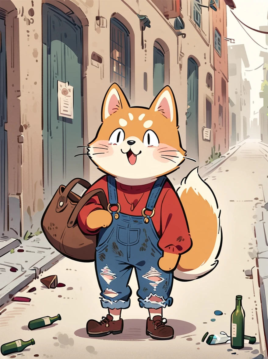 Cartoon illustration，simple，Depicts an anthropomorphic Shiba Inu，dirty，Dull eyes，listless，Discomfort，decadent，Exaggerated expression，Loose-fitting ripped denim overalls，Red Top，Shabby leather shoes，Carry a large bag，Walk on empty streets，There are lots of broken bottles around，dirty的环境，Correct human anatomy