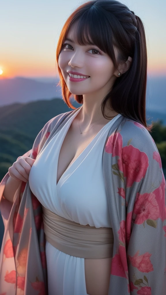 1girl,(wearing a gorgeous kimono:1.2),(RAW photo, best quality), (realistic, photo-realistic:1.4), masterpiece, an extremely delicate and beautiful, extremely detailed, 2k wallpaper, Amazing, finely detail, extremely detailed CG unity 8k wallpaper, ultra-detailed, highres, soft light, beautiful detailed girl, extremely detailed eyes and face, beautiful detailed nose, beautiful detailed eyes,cinematic lighting,(on a mountain top,sunrise,new year sunrise),perfect anatomy,slender body,smiling 