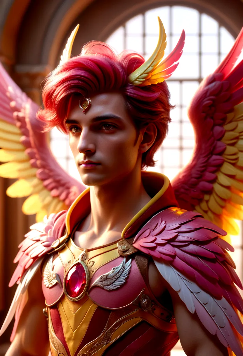 a handsome alicorn man with stunning red, pink and yellow angelic wings, high detailed fantasy portrait, masterpiece, cinematic ...