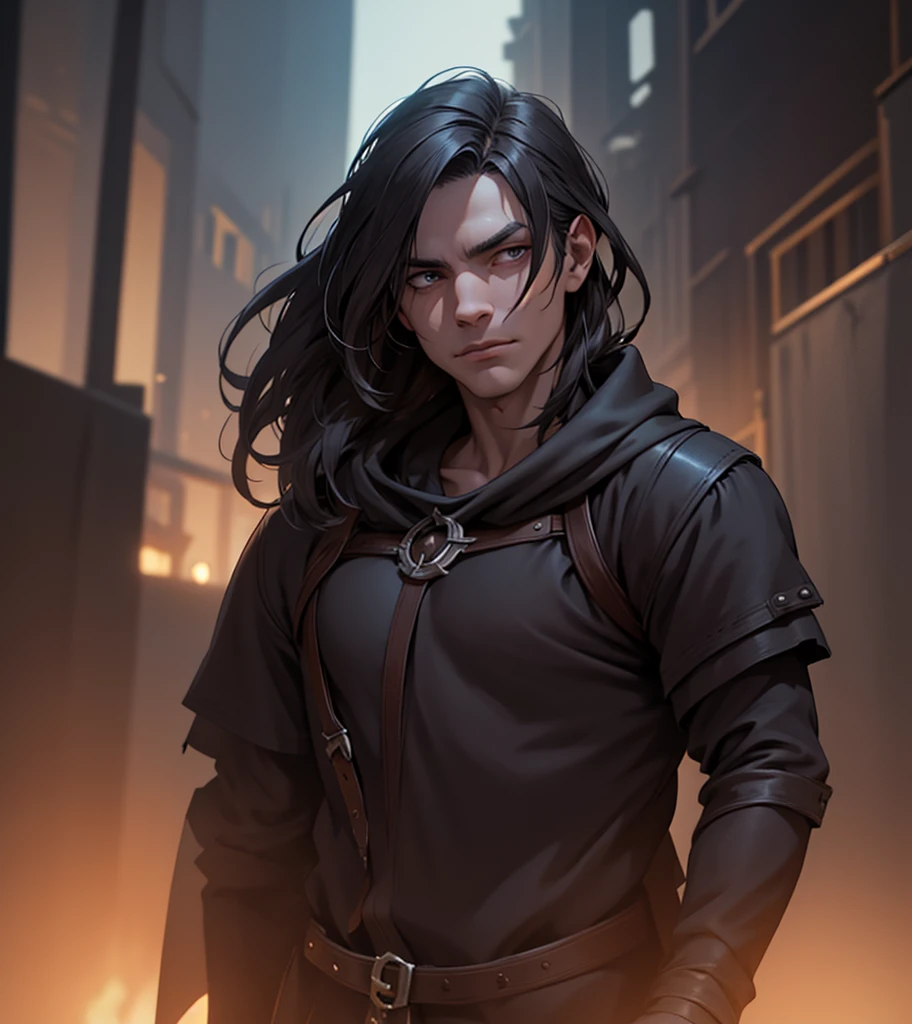 (((Solo character image.))) (((Generate a single character image.))) (((Looks like Adonis.))) (((Appears to be 20 years old with youthful looks.))) (((Dark and sinister background at night.)))Generate a male character for a dark fantasy setting.  He looks dangerous and sneaky.  He looks like someone who stays to the shadows and alleyways.  He appears to be a dangerous and desperate character.  Dark blond hair and a suspicious gaze.  He dresses in traditional Renaissance fantasy attire. Looks shifty. Looks suspicious. Looks untrustworthy. wearing black leather medieval clothing, sneaky, rogue, muscular, gorgeous face, fantasy artwork, fantasy attire, fantasy adventurer, masterpiece:1.3,madly detailed photo:1.2, hyper-realistic lifelike texture:1.4, picture-perfect:1.0,8k, HQ,best quality:1.0, (masterpiece,fantasy,art, best quality, unreal engine, 8k, ultra HD, centered image, absurdres