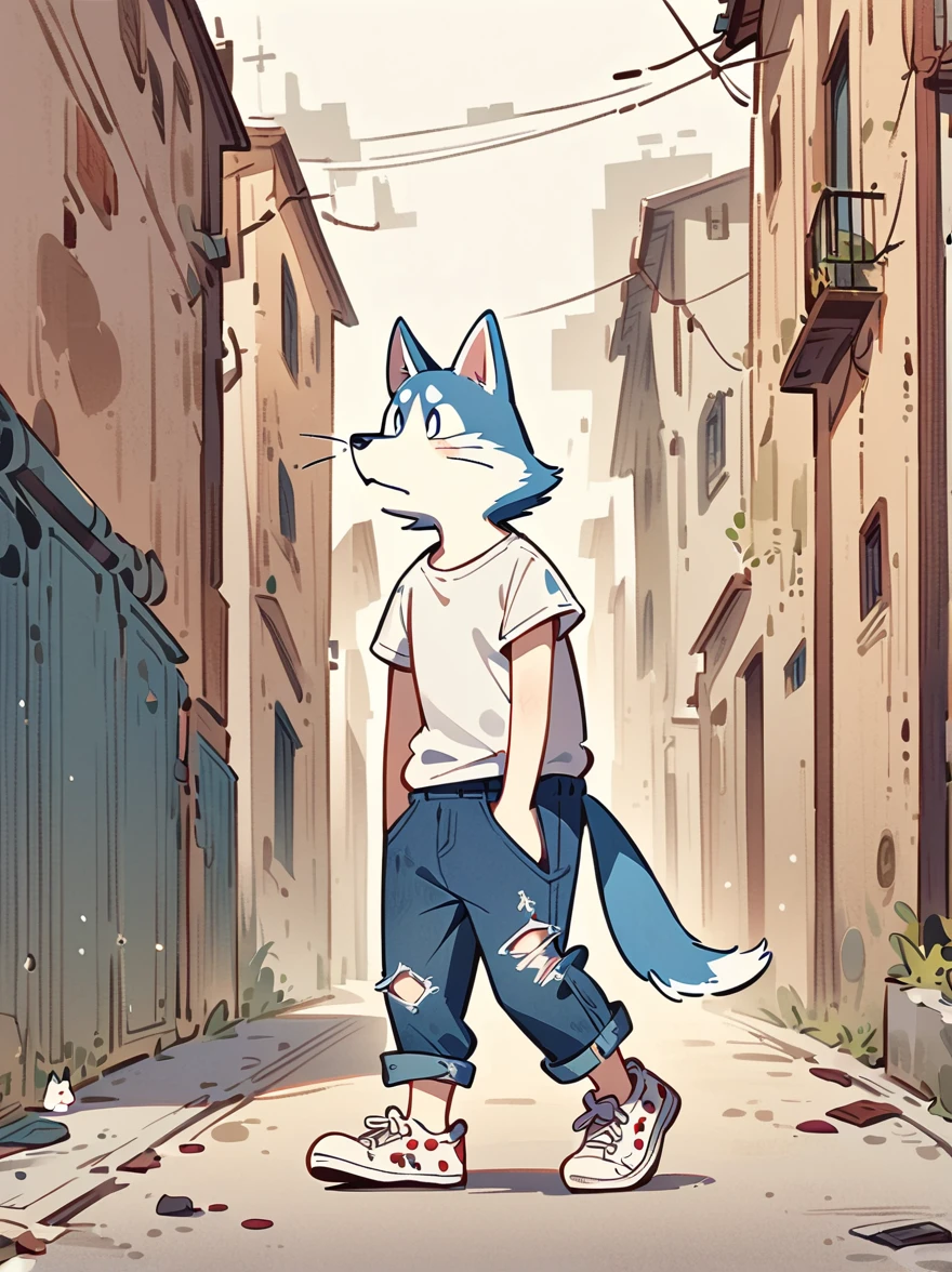 Cartoon illustration，simple，Depicts an anthropomorphic husky dog，Dull eyes，listless，Discomfort，decadent，Exaggerated expression，White T-shirt，Shabby sneakers，Walk on empty streets，Correct human anatomy