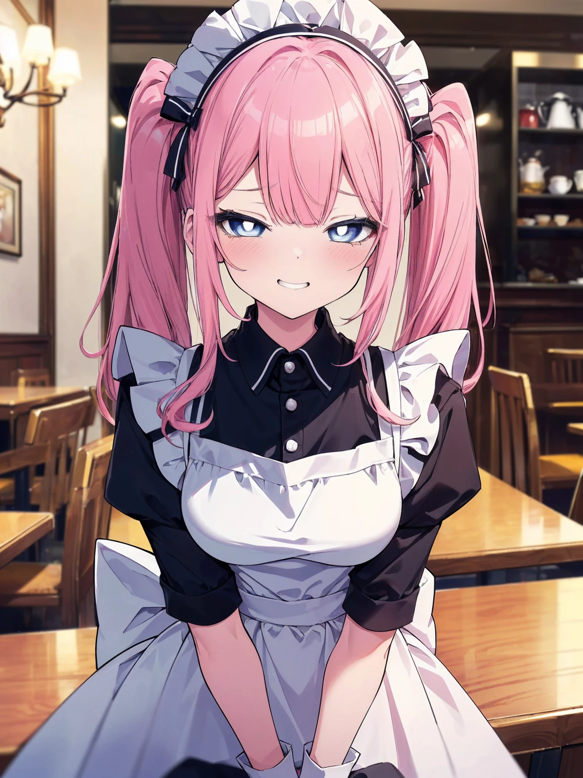 (best quality, ultra-high resolution, depth of field:1.2), beautiful face, 1woman, (pink hair), twin-tails (blue eyes), bright pupils, medium breasts, (wearing a light read maid uniform:1.3), frills, maid headdress, maid apron, (cafe scenery), squinting, (grinning), seductive smile, (((slightly bending forwards))), tilting head