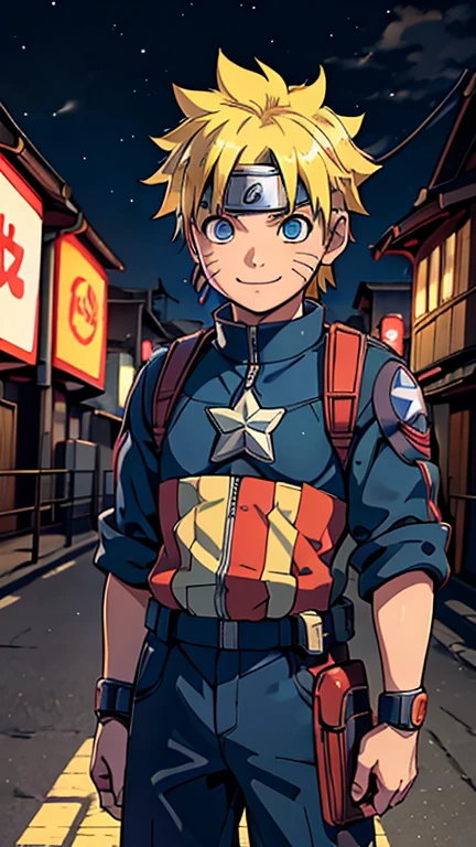 (8k),(Meisterwerk),(japanisch),(8-jähriger Junge),((Unschuldiger Blick)),((kindisch)),von vorne,lächeln,Niedlich,unschuldig,Freundliche Augen,flache Brust, Uzumaki Naruto im Captain America-Kostüm,kurz,Haare wehen im Wind,gelbes Haar,starker Wind,Nacht,dunkel, Neon light cyberpunk Konoha village