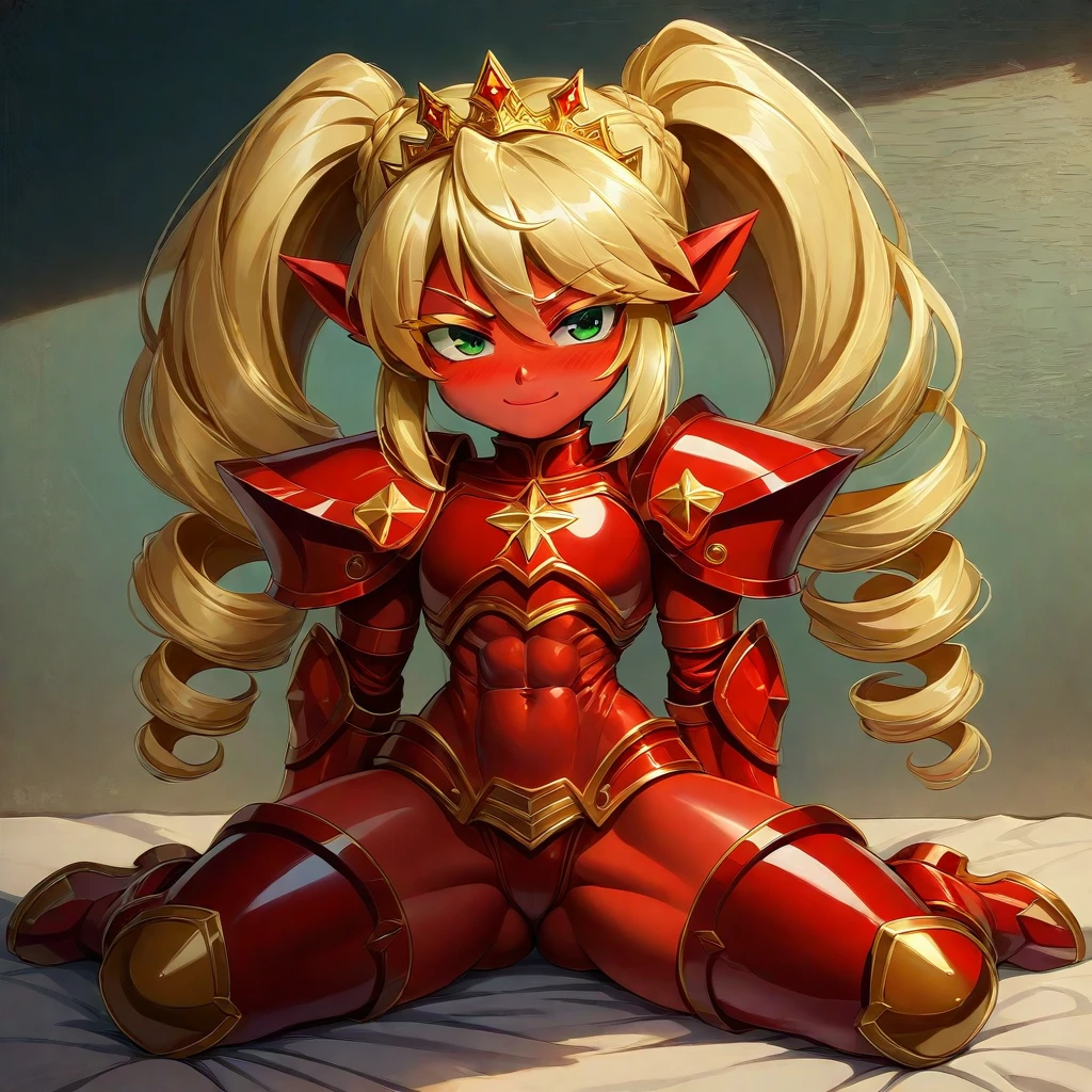  Lancer Artoria body (Alexis Texas Face), elegant adult female, blonde, green eyes (yellow eyelashes) crown, turtleneck, full body sitting on a bench, showing ass to me, RED breastplate, RED skin (1SologirlRED skin:1.2), looking at viewer, shiny, armor, thigh highs, high boots, pauldrons shoulder armor, faulds, poleyn, RED gloves gauntlets, rerebrace, RED military armored boots, yordle muscular lean platinum blonde long twin tails hairstyle at the bedroom lustful smirking smile face red blushed, blush, strong abs, female body builder, tiara, twin drills hair, (masterpiece, best quality, ultra detailed, best shadow)