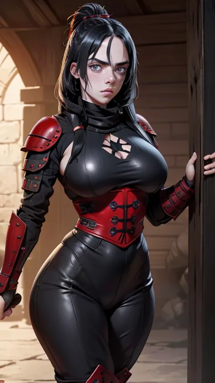 Medieval female warrior (Billie Eilish face), beautiful young face, kunoichi armor(black and red), athletic physique, big round ...