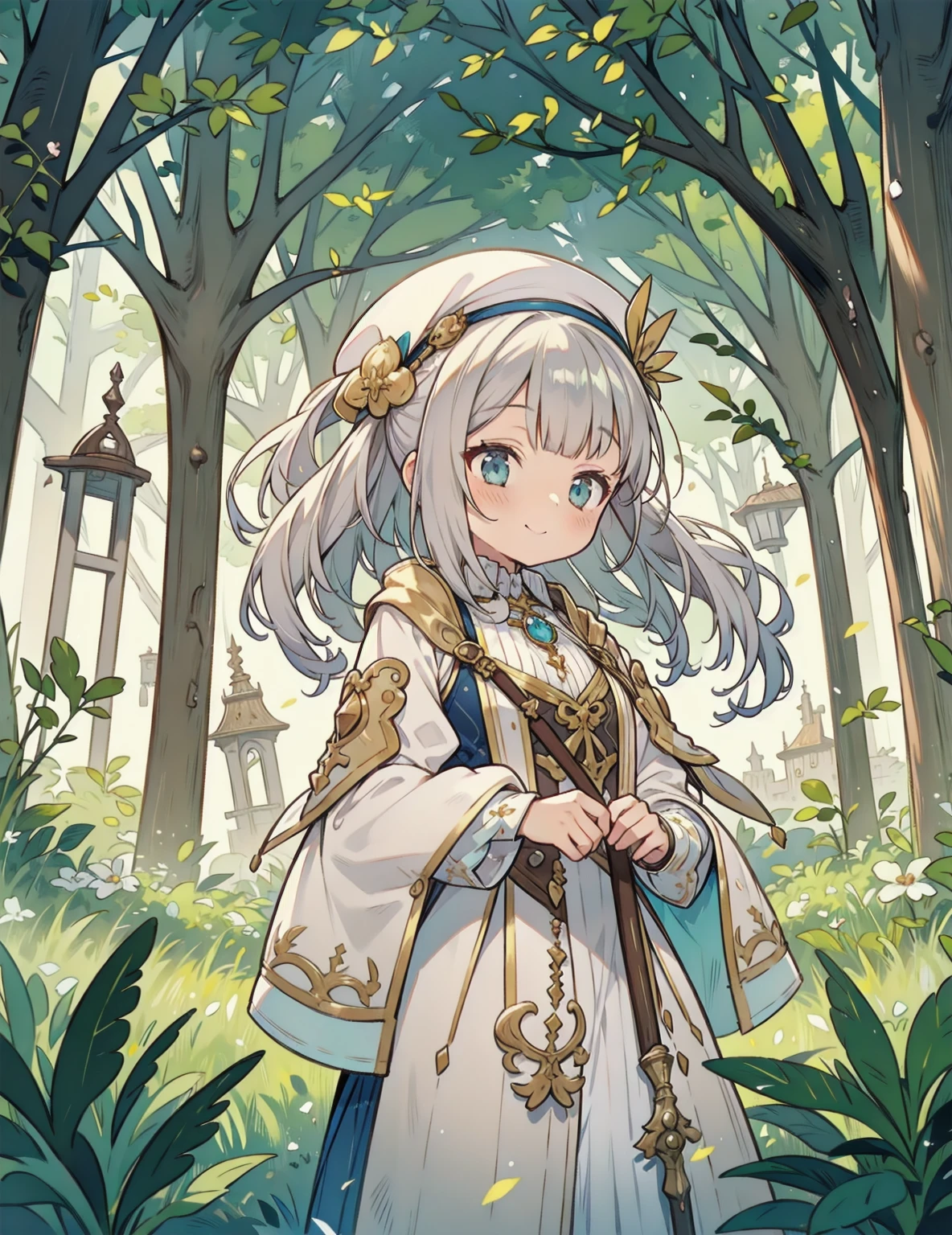 natural lighting, dusk, down, light smile, upturned cheeks, slightly shining hair, half up do, beret, hair ornament, alchemist, atelier series, large staff, gold, silver, Gemstones, brilliance, precious, 1girl, solo, fantasy landscapes, Scholarly, intellectual, floating light, magnificent, splendid,
