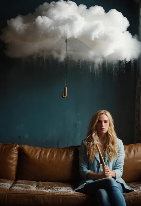 cinematic film still of  Juxtaposition of a woman sitting on a couch holding an umbrella with foamy cloud rain above,1girl,solo,...