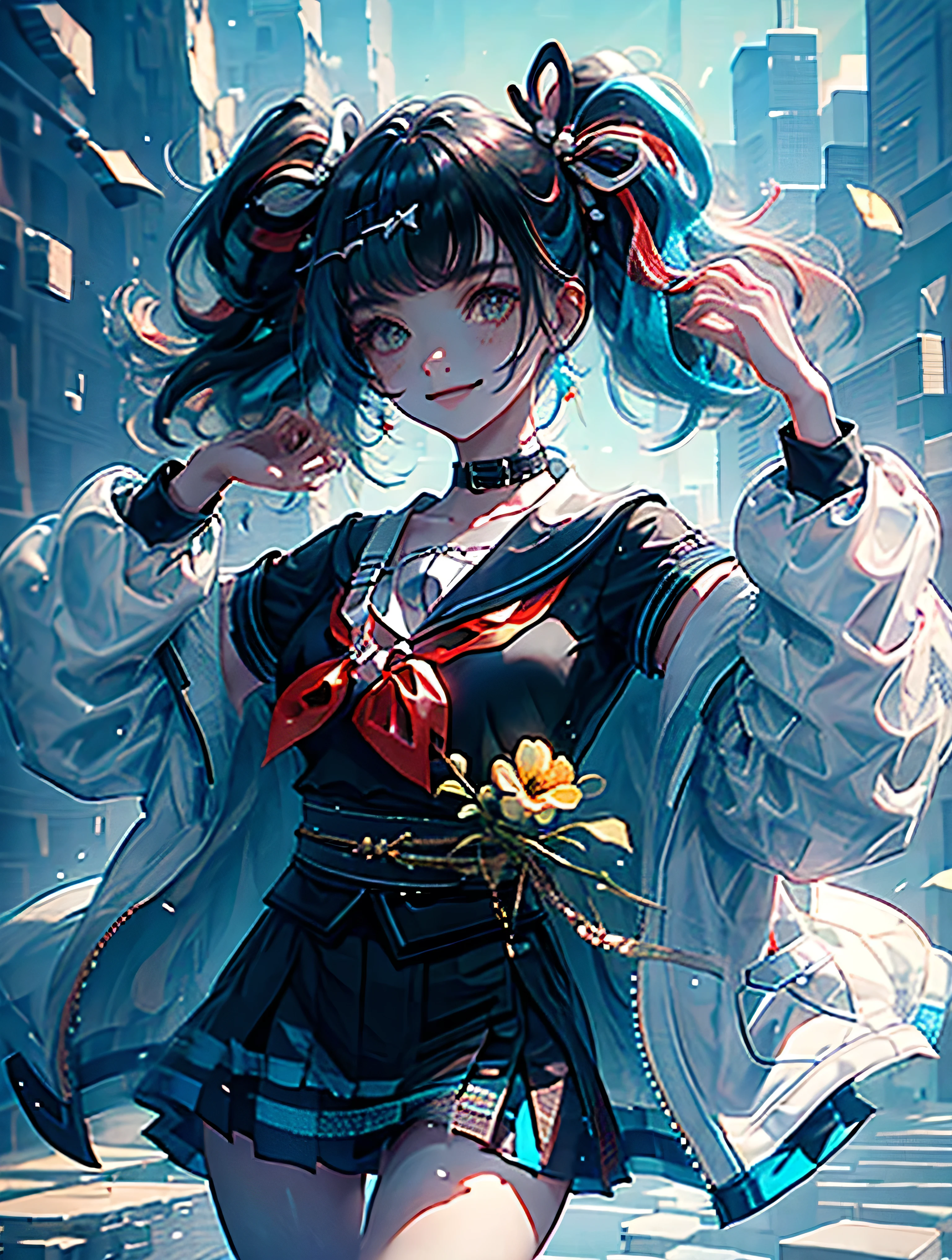 absurdes, UHD, meilleure qualité, cg, hdr, 1fille, tir de cow-boy, Peut être, veste blanche avec fleurs noires sur les manches, col marin, séraphin noir, chemise noire, jupe kimono noire avec ourlet bleu, cœur, Twintails, souriant, ville, trottoir, Bâtiments, jour,