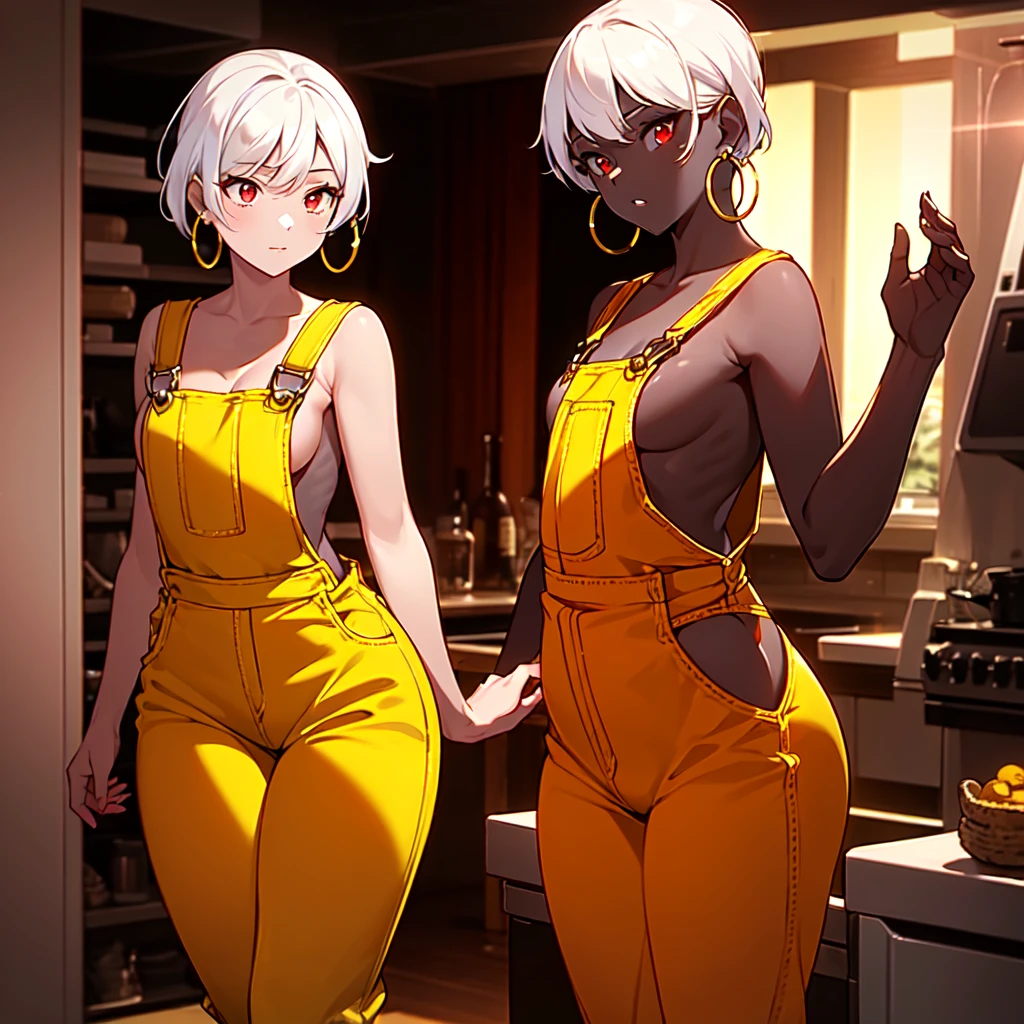 masterpiece, best quality,1girl, ((young girl)), ((large round magical red eyes)), shiny skin, (thin waist), (white hair), ((curvy)), ((wide hips)), ((hoop earrings)), ((small)) , (((yellow overalls))), hot, soft natural lighting, reflections, bright illuminations, deep dark black skin, ((yellow outfit))