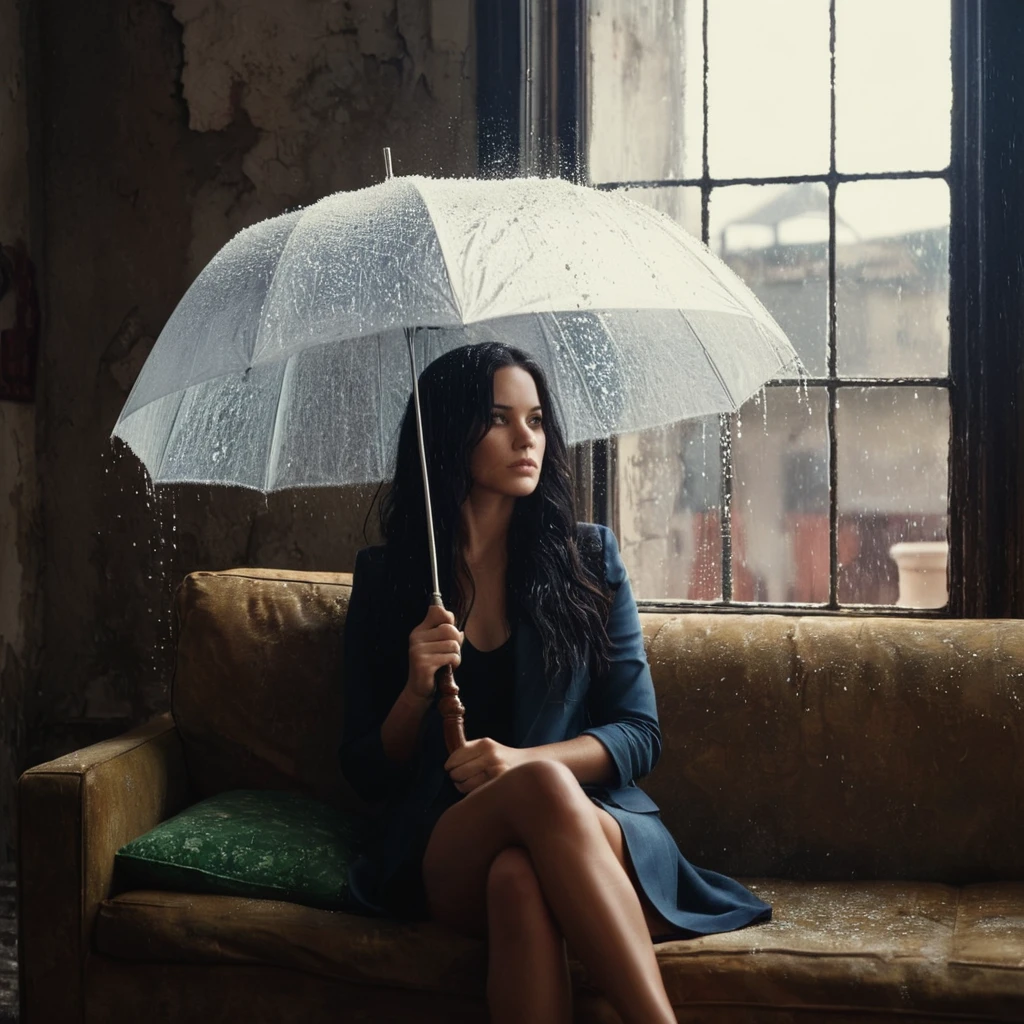 cinematic film still of  Juxtaposition of a woman sentado on a sofá holding an guarda-chuva with foamy cloud chuva above,1 garota,Sozinho,cabelo longo,Cabelo preto,sentado,dentro de casa,janela,guarda-chuva,sofá,chuva,realista,Ruínas Juxtaposition,artístico,fotografia,Luz dramática,luz de sombra dramática,contraste,cor saturada,cinematic,cinematográfico,fotográfico,realista,Realismo,perfeitoion,perfeito,Justaposto,oposto,coisas diferentes,lado a lado,sincretismo,antítese,Estilo de justaposição,Ruínas , criativo, photoRealismo, hyperRealismo, Fine art fotografia style, Fine art cinematic fotografia style, profundidade superficial de campo, vinheta, Altamente detalhado, alto orçamento, Bokeh, cinemascópio, temperamental, épico, maravilhoso, film gchuva, gchuvay