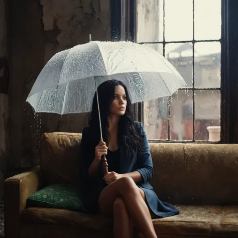 cinematic film still of  Juxtaposition of a woman sitting on a couch holding an umbrella with foamy cloud rain above,1girl,solo,...