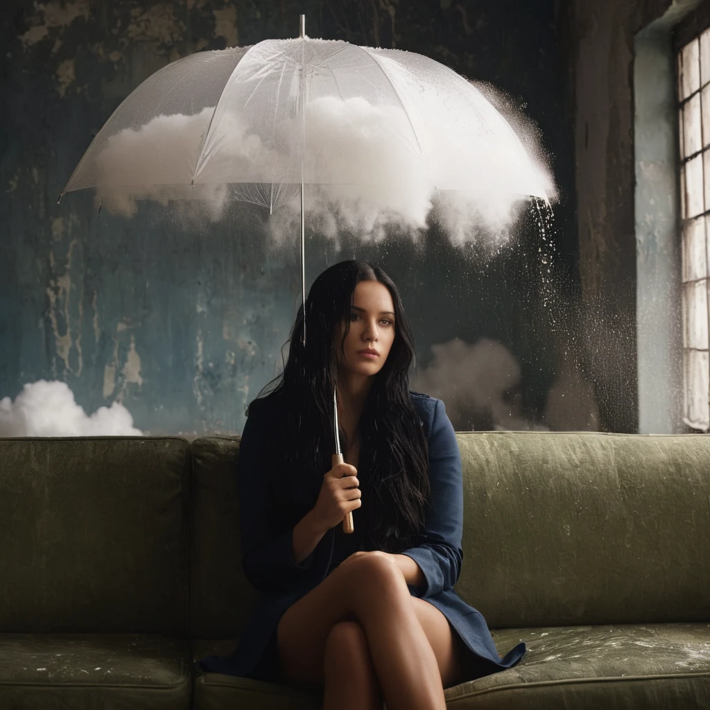 電影 film still of  Juxtaposition of a woman 坐 on a 长椅 holding an 伞 with foamy cloud 雨 above,1女孩,独自的,长发,黑发,坐,在室内,窗户,伞,长椅,雨,实际的,废墟 Juxtaposition,艺术的,摄影,戏剧性的灯光,戏剧性的阴影光,对比,饱和色,電影,电影的,摄影,实际的,现实主义,完美的ion,完美的,并列,对面的,不同的东西,并排,合一,对立,并置风格,废墟 , 有创造力的, photo现实主义, hyper现实主义, Fine art 摄影 style, Fine art 電影 摄影 style, 浅景深, 小插图, 非常详细, 高预算, 散景, 宽银幕电影, 喜怒无常, 史诗, 华丽的, film g雨, g雨y