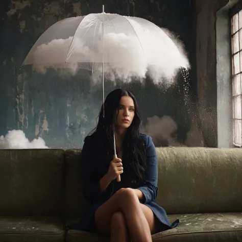 cinematic film still of  Juxtaposition of a woman sitting on a couch holding an umbrella with foamy cloud rain above,1girl,solo,...