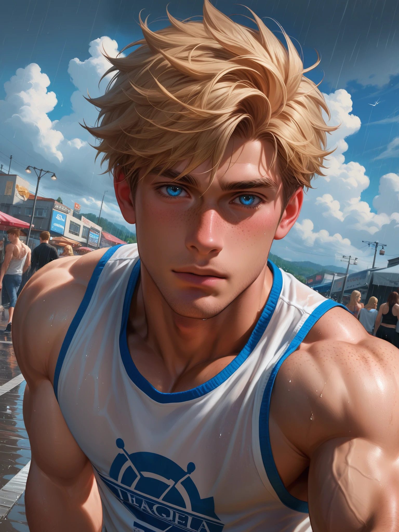 8k,score_9,score_8_up,score_7_up, yaoi, 1boys,gay, detailed, very short hair, blonde hair, freckles, blue eyes, freckles, freckles on body, muscle wide shoulders, muscle pecs, abs, vascular biceps and triceps,flanel shirt, cute, blondlust, boyish face, cute face,above perspective, looking at viewer, rain, cloudy sky, rain street
