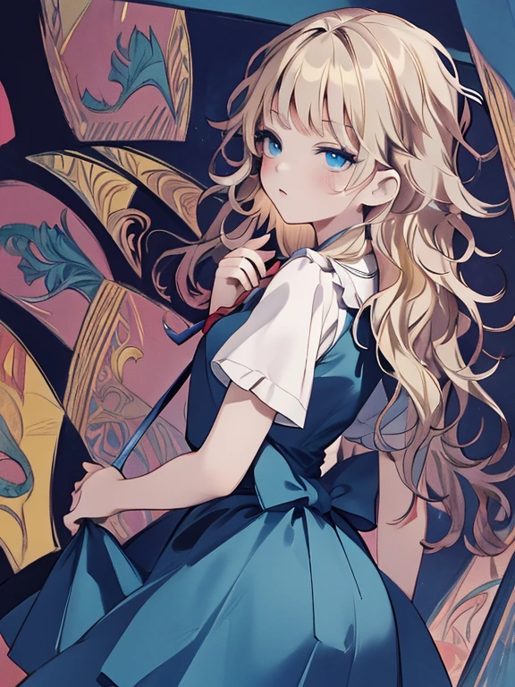 masterpiece, Highest quality, Very detailed, 16K, Ultra-high resolution, Cowboy Shot, Alice in Wonderland, (fauvism:1.4), 10-year-old girl, Detailed face, blue eyes, blonde, Long Hair, (wavy hair:1.5), Ribbon on head, Blue clothes, Plain white apron, 大きなclockのある部屋で, clock, 壁clock, Music Box