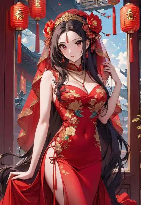 Very long hair,（（（Eyes are very delicate）））（（（hair accessory）））（（（Veil）））,necklace,Misako is wearing a sexy, sheer red silk dres...