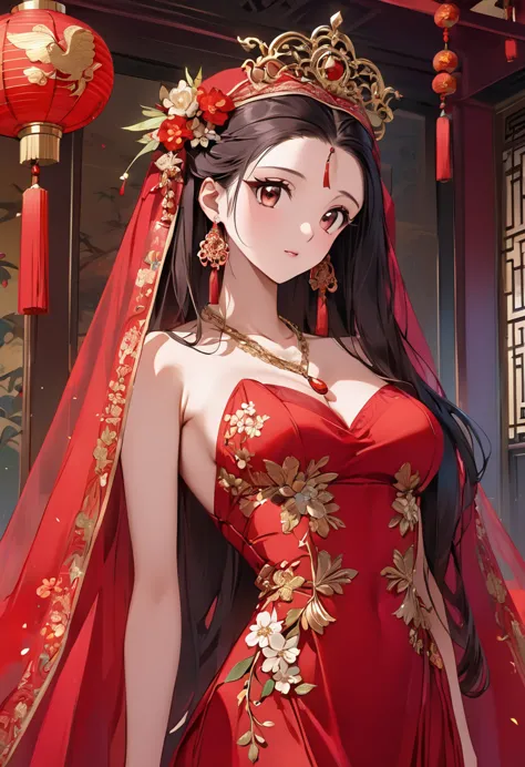 Very long hair,（（（Eyes are very delicate）））（（（hair accessory）））（（（Veil）））,necklace,Misako is wearing a sexy, sheer red silk dres...