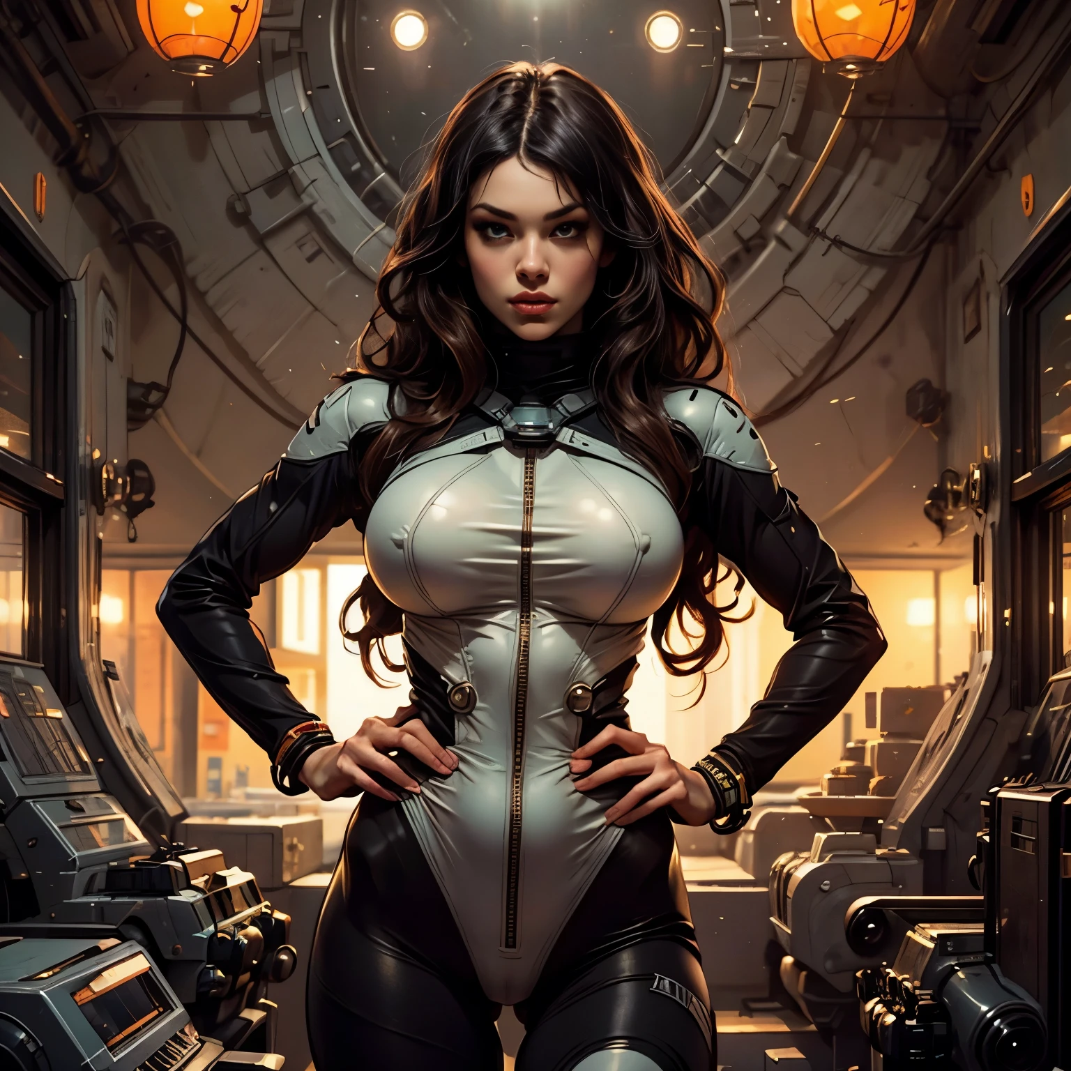 Beautiful and sophisticated woman in tight clothing, An erotic, form-fitting, semi-transparent pilot suit、巨大Mechaのパイロット、背景は巨大Mechaの一部、Very sophisticated、Realistic、8K、Cinema Lighting、Intricate details、Dramatic composition、Dynamic pose、Vibrant colors、sf、Mecha、Concept Art