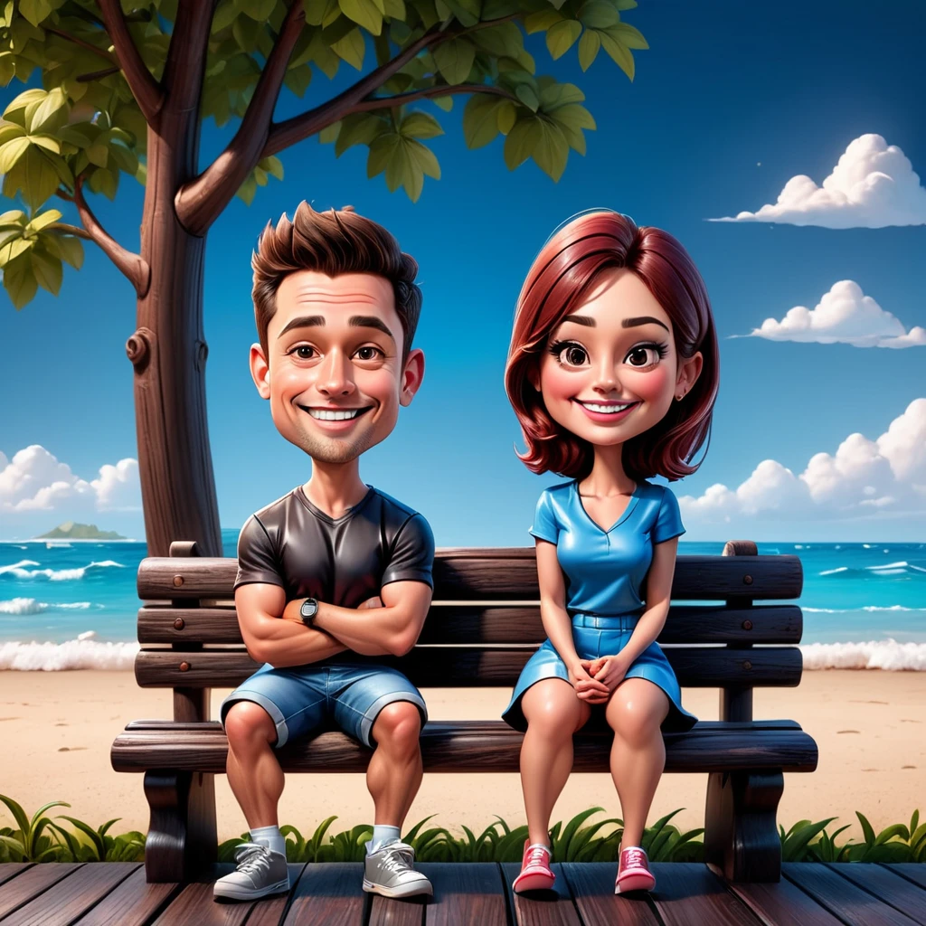 Create a realistic 3D cartoon style full body caricature with a big head. A young couple is sitting on an old black wooden bench. The background is reddish blue. use soft photographic lighting.