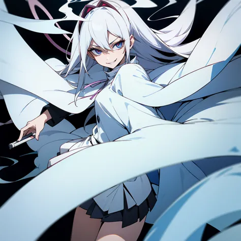 1 girl, dark white hair, villain, SMILE, psychopath, psychopath smirk, Straight hair, (((noble cloth))), Short skirt, White clot...