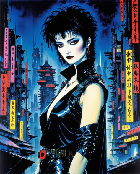 amano yoshitaka, 80s, 1girl, goth, siouxsie, michelle pffifer, cyberpunk, futuristic city background, 80s movie poster art style...