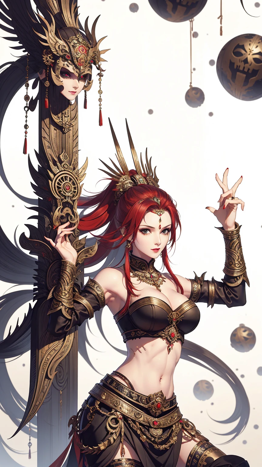 masterpiece, best quality, female, fortune, face portrait,red hair,long hair,abs, beautiful,breasts,black armor,midriff,pale skin,milf,busty,big breasts,black shoulder pads,sideboob,empress,huge breasts,sexy bride outfit,garter belt,liff skirt,dress,(hip cutout),revealing hip,cleavage to navel,wet,oiled skin