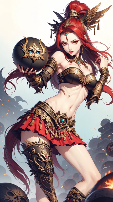 masterpiece, best quality, female, fortune, face portrait,red hair,long hair,abs, beautiful,breasts,black armor,midriff,pale ski...