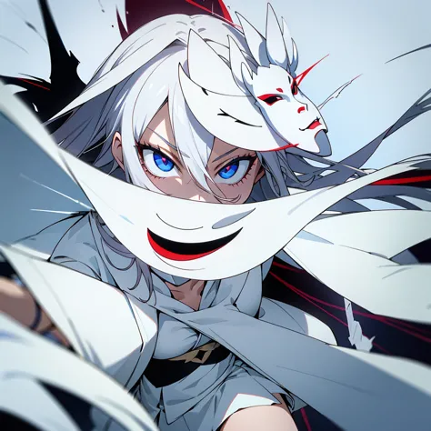 1 girl, dark white hair, villain, smile, psychopath, psychopath smirk, straight hair, (((noble cloth))), short skirt, white clot...