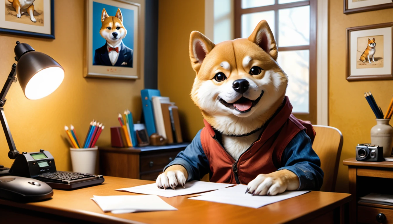 (photo film style), anthropomorphic, cute little Shiba Inu, , in his room, studying, 2D, colorful, warm atmosphere, shiny, Jean-Baptiste Monge style, Alan Lee style