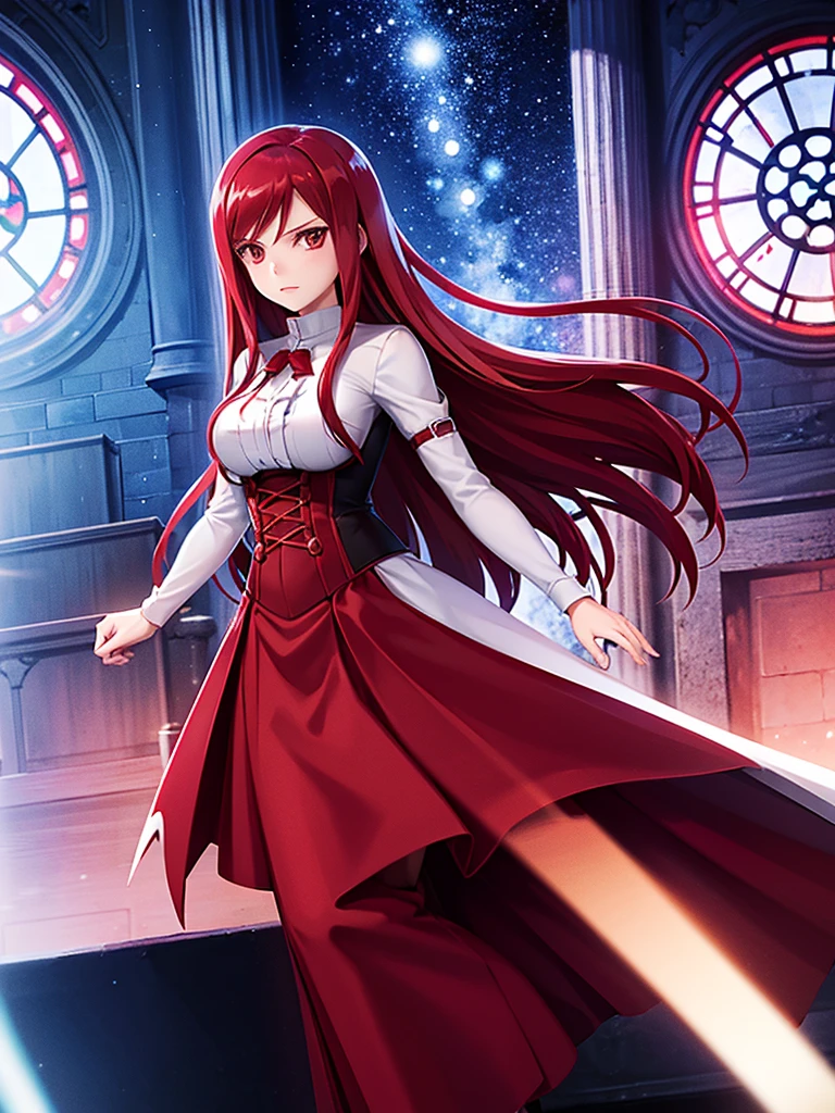 Photo du corps entier d&#39;une fille: Erza écarlate, portant la tenue de Rin Tohsaka, dans une église avec d&#39;immenses fenêtres la nuit, ultra réaliste, Qualité supérieure, 