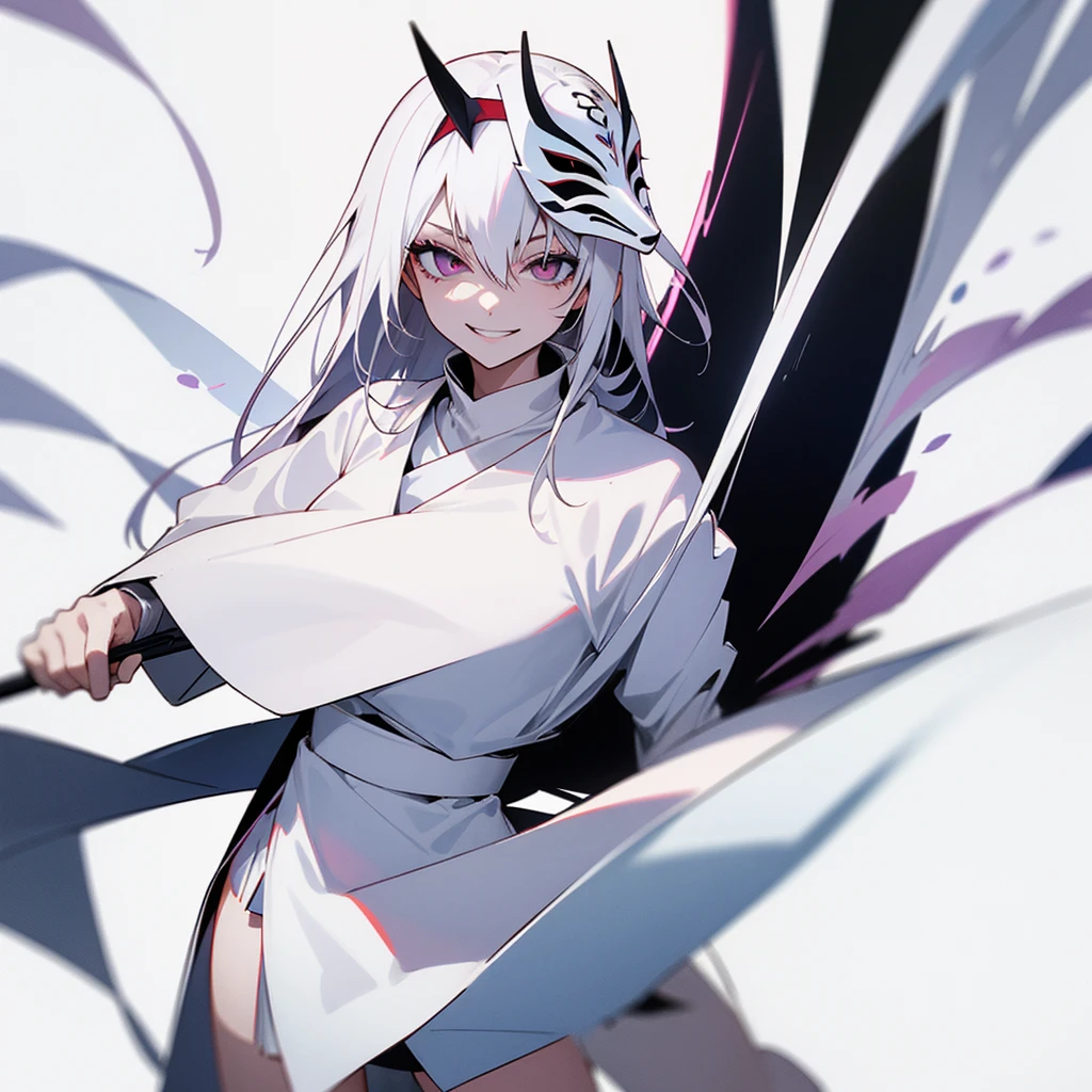 1 girl, dark white hair, villain, smile, psychopath, psychopath smirk, straight hair, (((noble cloth))), short skirt, white cloth, white poker mask, white tuxedo, masked, with mask on face