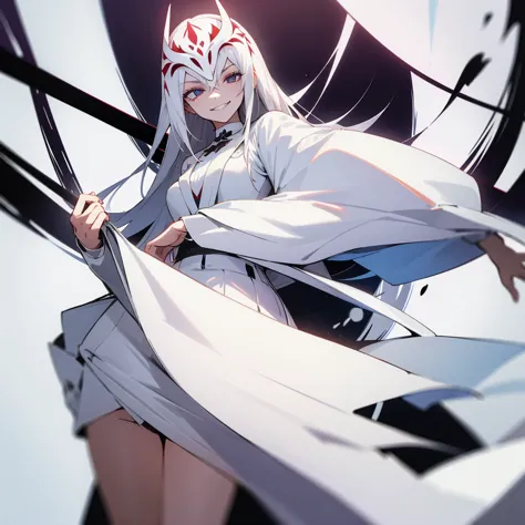 1 girl, dark white hair, villain, smile, psychopath, psychopath smirk, straight hair, (((noble cloth))), short skirt, white clot...